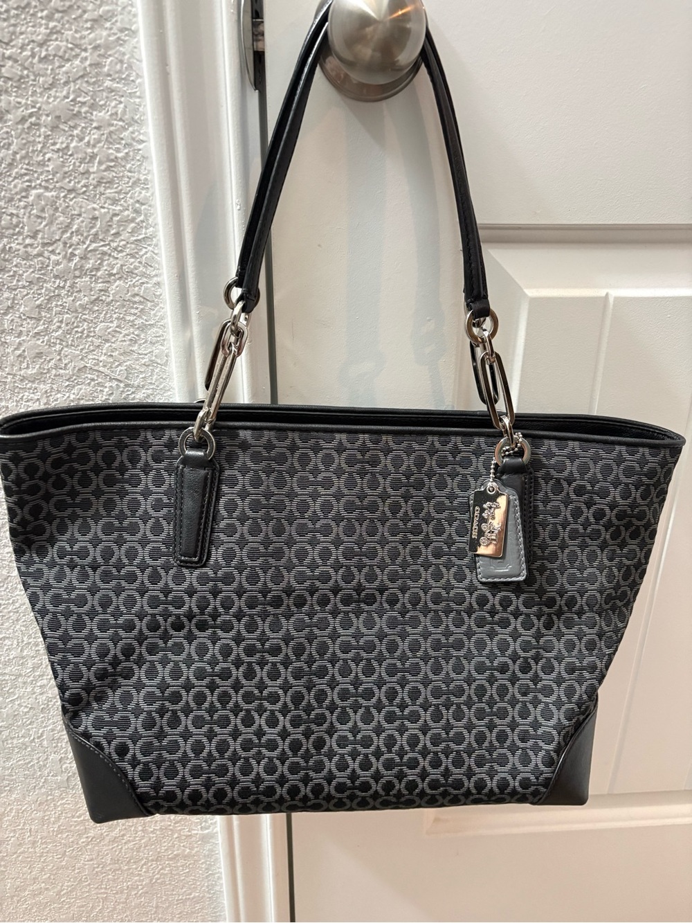 Coach Madison Needlepoint Gray Tote with matching Wristlet